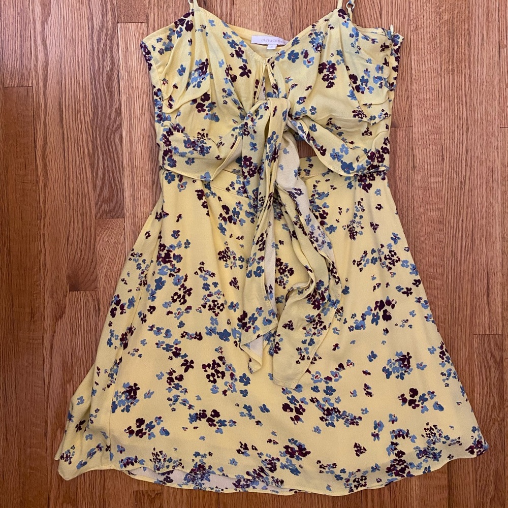 Yellow mini cut out floral dress adjustable straps side zipper closure